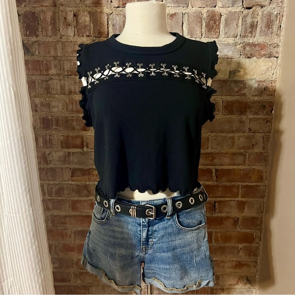 Grunge Cut-Out Black Ruffle Trim Cropped Women's Top -Size S -TP35 - Picture 4 of 8